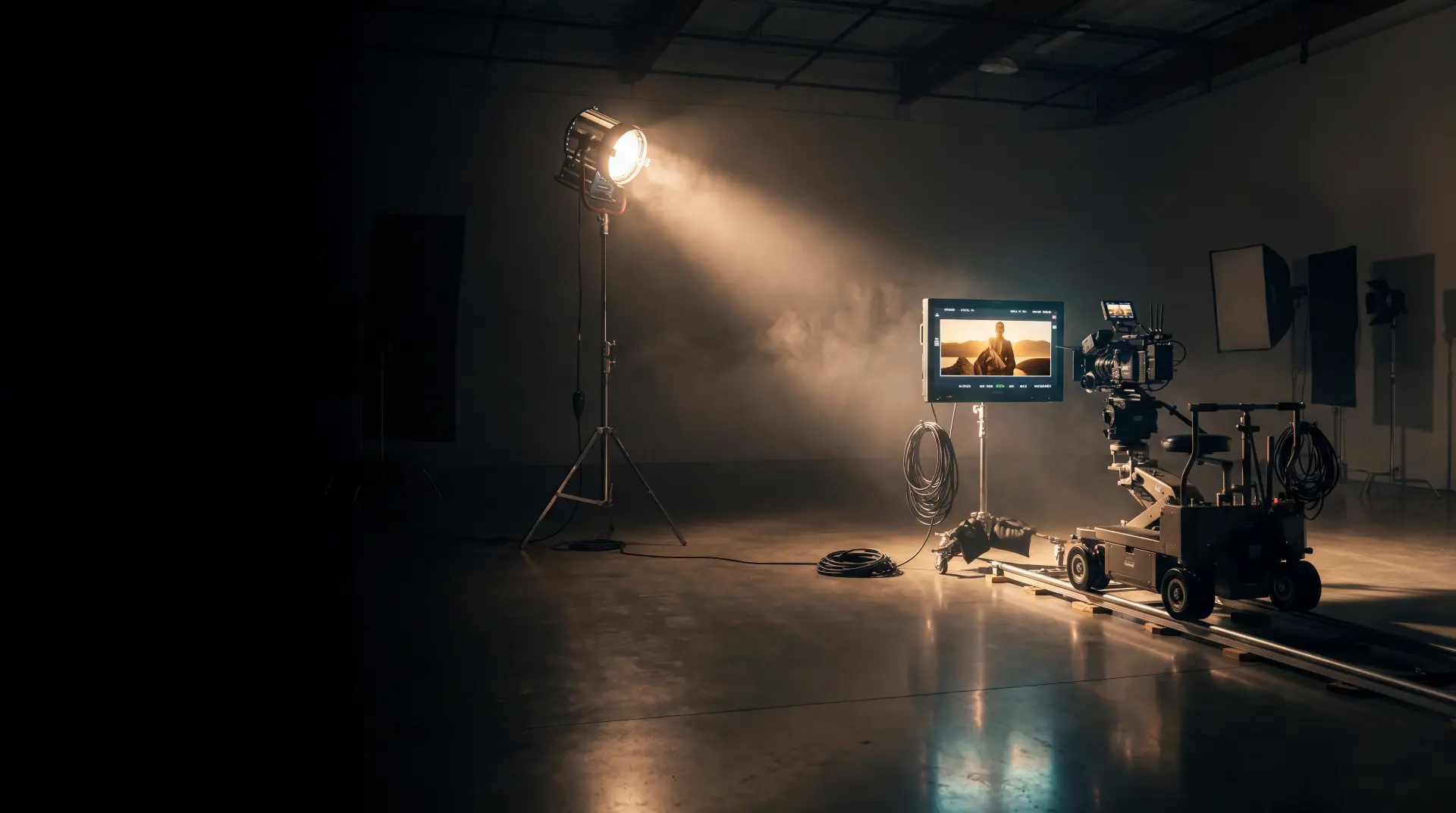 On set: a spotlight beam across a dark studio floor, with a camera rig and monitor